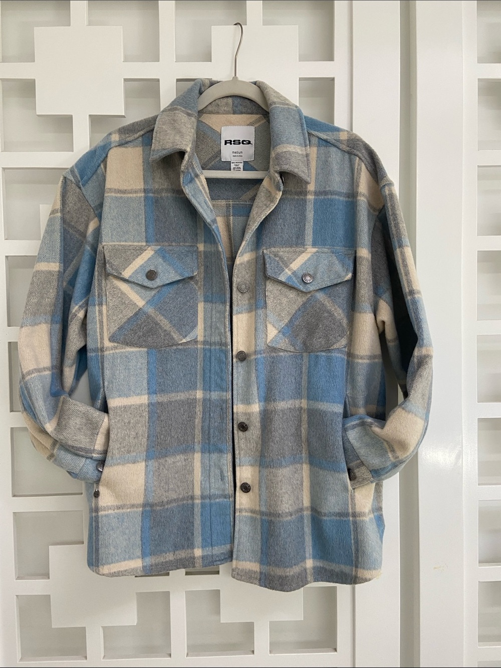 RSQ Plaid Shacket in Sky Blue, Gray & Cream
